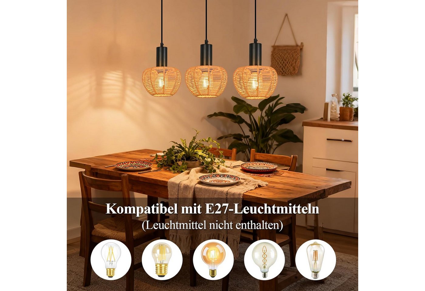 Nettlife Pendelleuchte Retro Boho Schwarz Hängelampe aus Papier 1/3 flammige E27, Höhenverstellbar, ohne Leuchtmittel, ob Schlafzimmer Flur Esszimmer Dachboden Küche