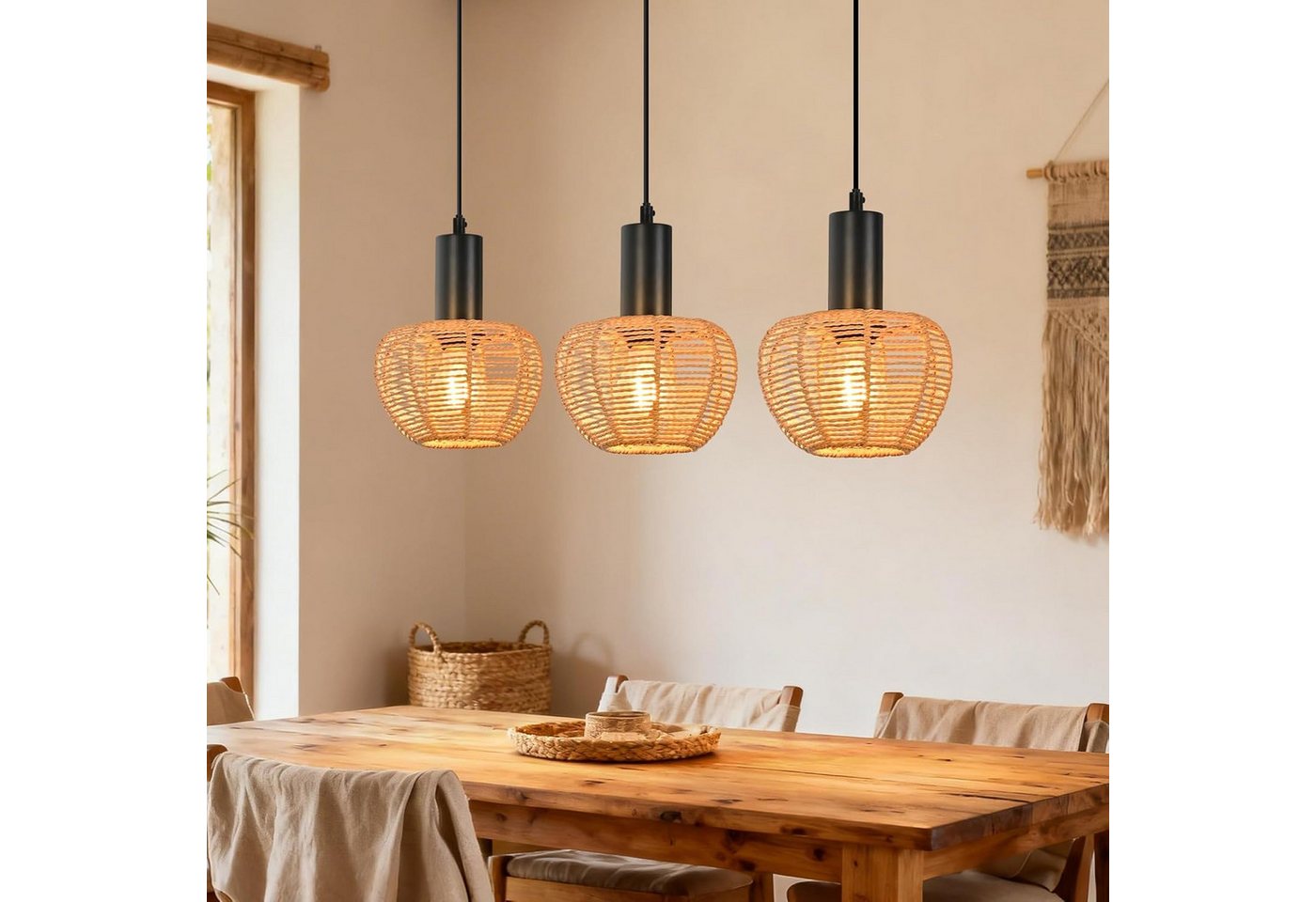 Nettlife Pendelleuchte Retro Boho Schwarz Hängelampe aus Papier 1/3 flammige E27, Höhenverstellbar, ohne Leuchtmittel, ob Schlafzimmer Flur Esszimmer Dachboden Küche Bild 2