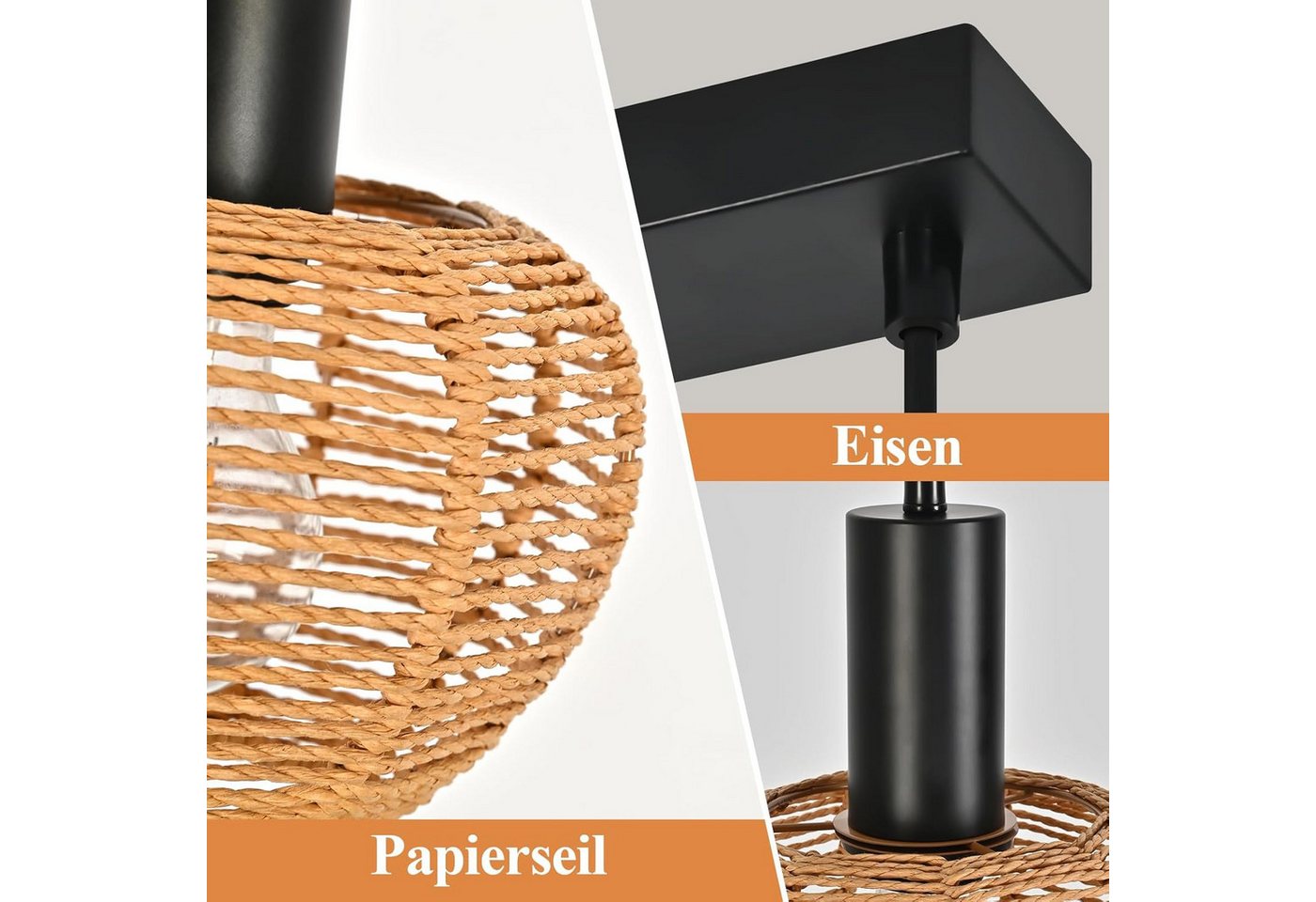 Nettlife Pendelleuchte Retro Boho Schwarz Hängelampe aus Papier 1/3 flammige E27, Höhenverstellbar, ohne Leuchtmittel, ob Schlafzimmer Flur Esszimmer Dachboden Küche Bild 3