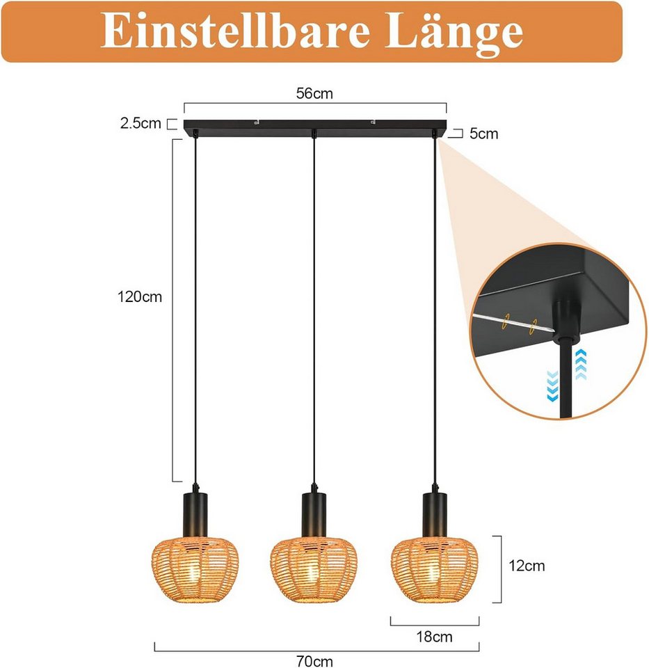 Nettlife Pendelleuchte Retro Boho Schwarz Hängelampe aus Papier 1/3 flammige E27, Höhenverstellbar, ohne Leuchtmittel, ob Schlafzimmer Flur Esszimmer Dachboden Küche Bild 5