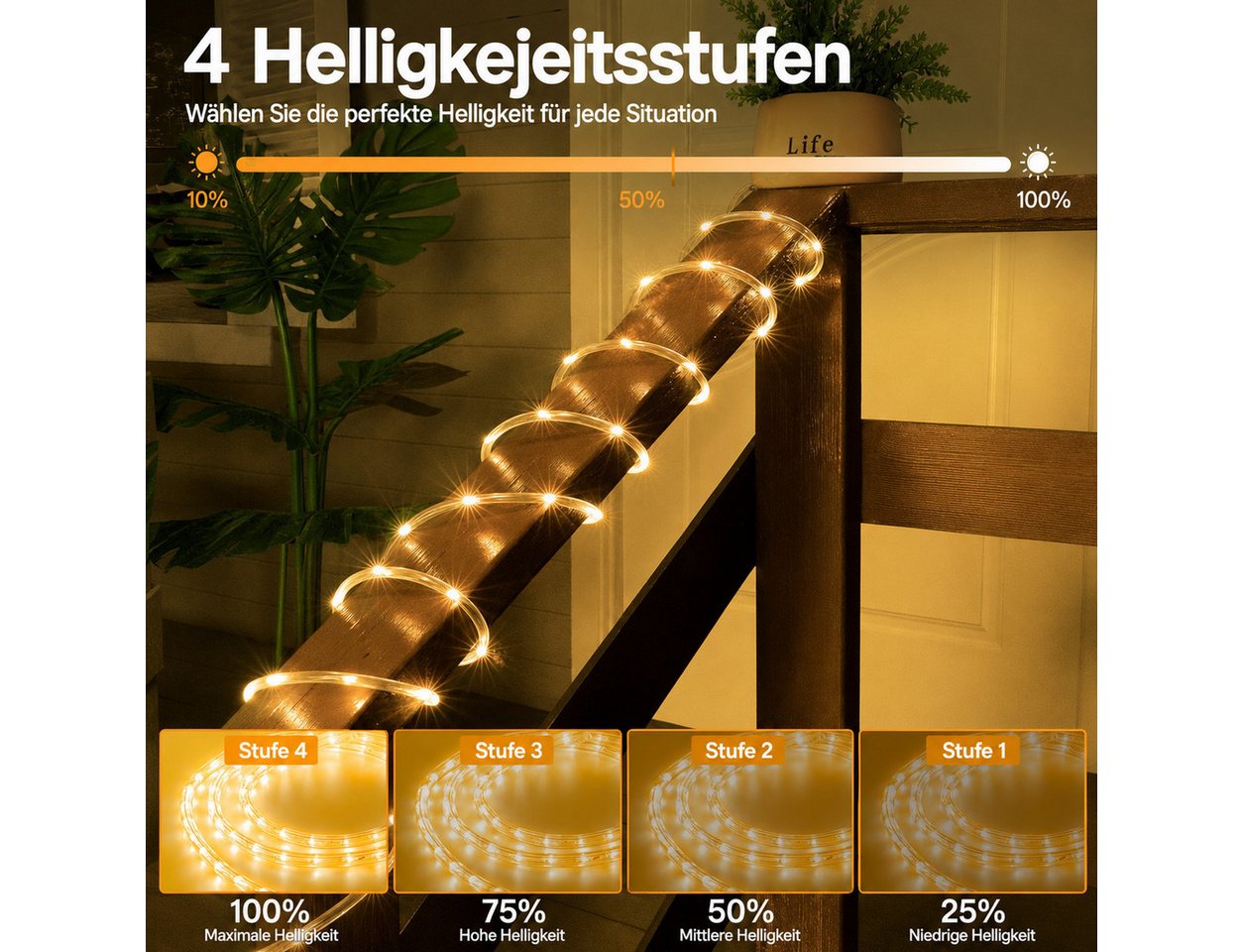 Toomoke LED-Lichterschlauch 12m mit 100 LEDs, Netzbetrieb mit Stecker, warmweiß, Fernbedienung, 8 Lichtmodi,4 Helligkeitsstufen,für Garten,Balkon,Party Bild 4
