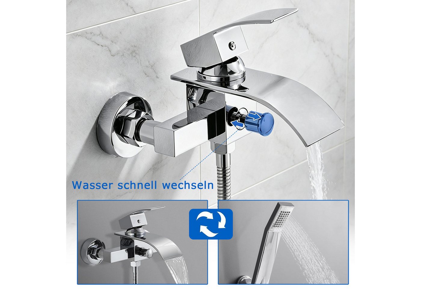 AKKEE Brausegarnitur Duscharmatur mit Brause, Wannenarmatur Chrom Mischbatterie, Badewanne mit Druckschalter Armatur mit Handbrausehalter set