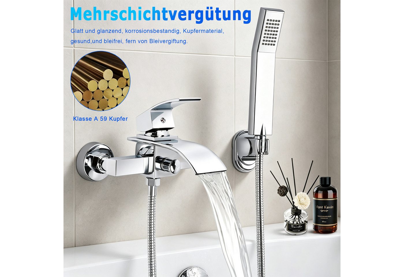 AKKEE Brausegarnitur Duscharmatur mit Brause, Wannenarmatur Chrom Mischbatterie, Badewanne mit Druckschalter Armatur mit Handbrausehalter set Bild 2