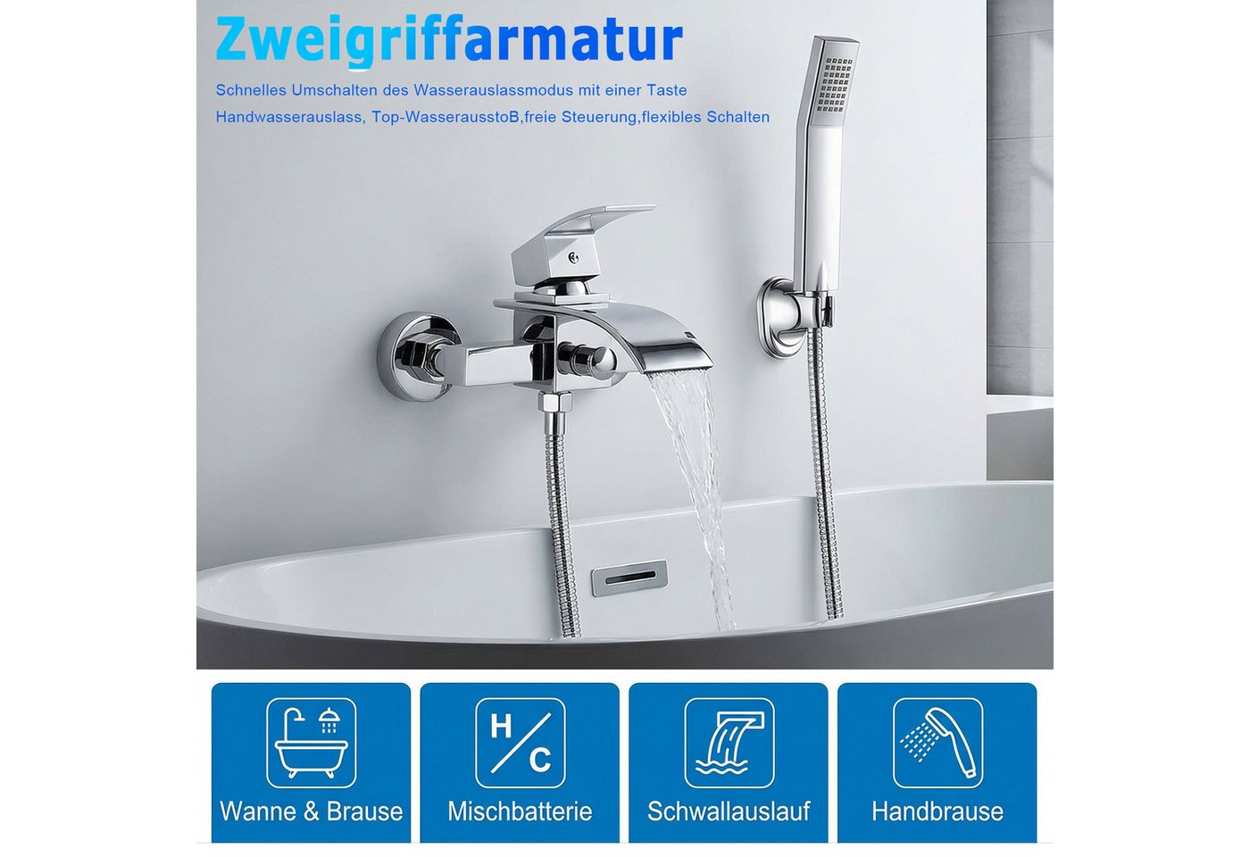 AKKEE Brausegarnitur Duscharmatur mit Brause, Wannenarmatur Chrom Mischbatterie, Badewanne mit Druckschalter Armatur mit Handbrausehalter set Bild 4