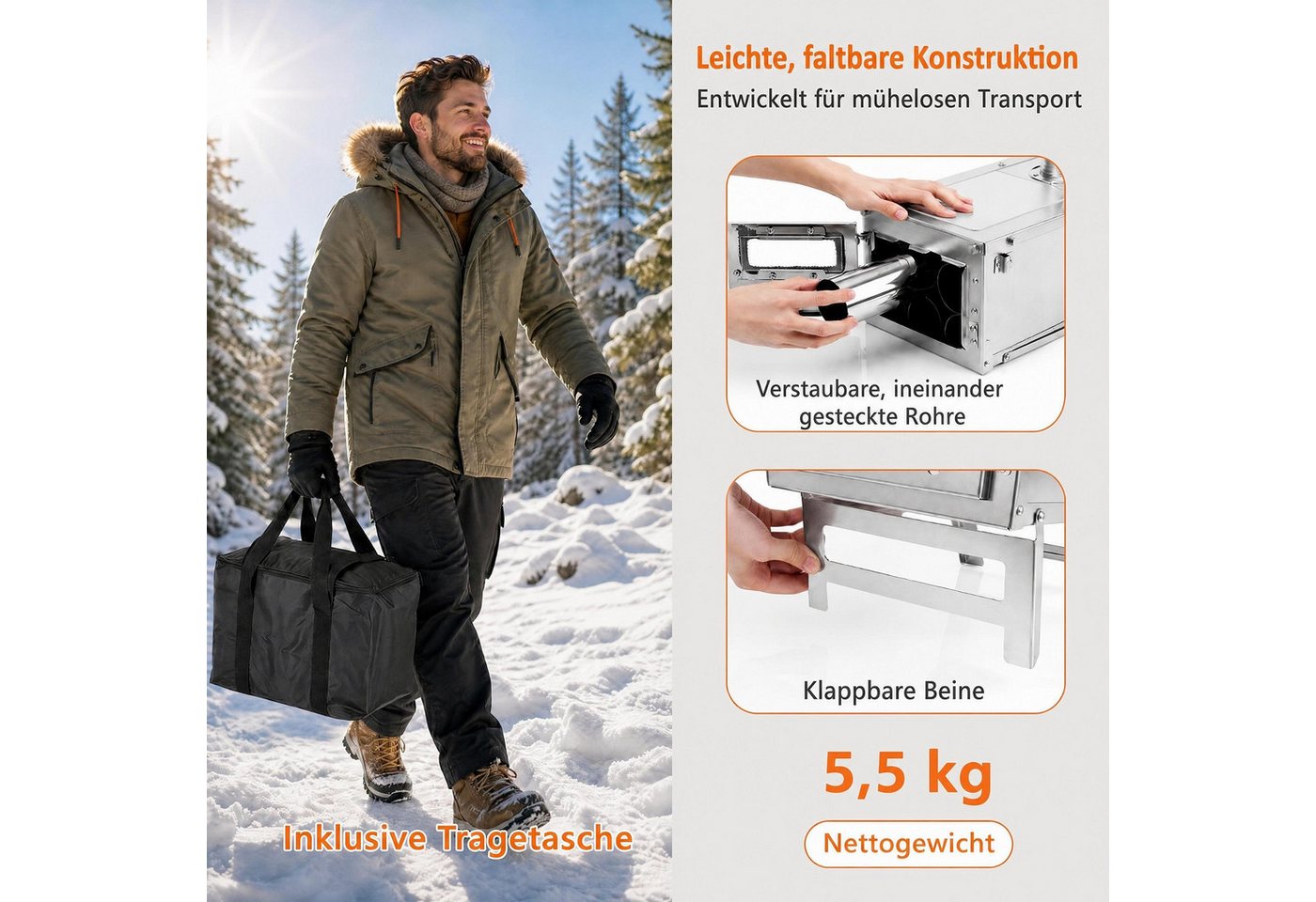 KOMFOTTEU Holzkohlegrill tragbarer Holzofen, aus Edelstahl mit Kamin