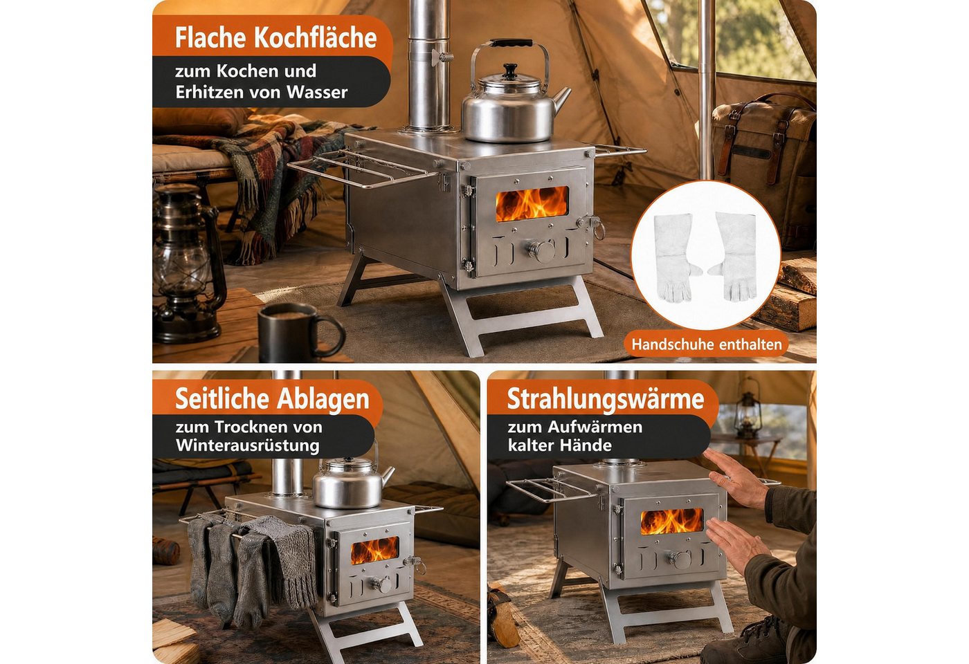 KOMFOTTEU Holzkohlegrill tragbarer Holzofen, aus Edelstahl mit Kamin Bild 2