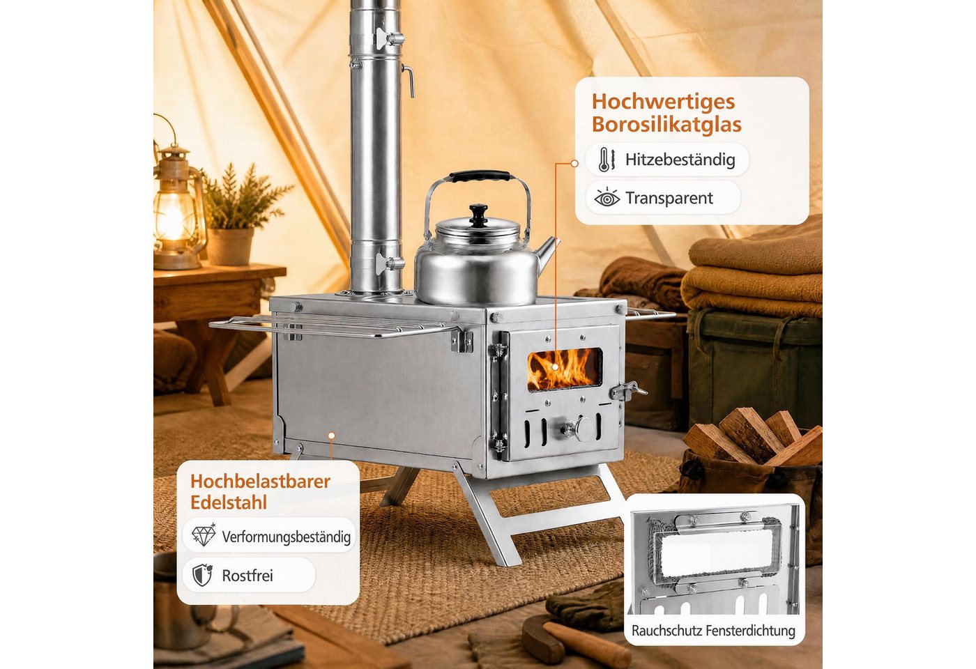 KOMFOTTEU Holzkohlegrill tragbarer Holzofen, aus Edelstahl mit Kamin Bild 4