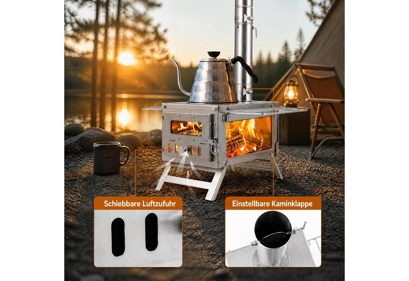 KOMFOTTEU Holzkohlegrill tragbarer Holzofen, aus Edelstahl mit Kamin Bild 5