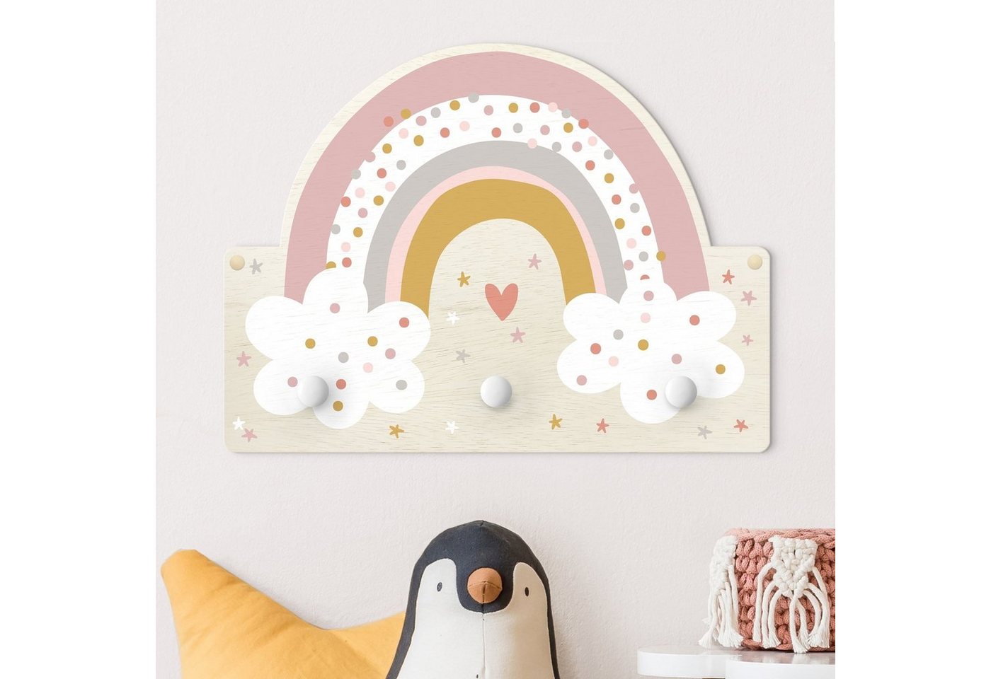 Bilderdepot24 Garderobenpaneel rosa Muster Weltall Himmel Sterne Regenbogen mit Wolken (Kindergarderobe holz Kleiderhaken für die Wand inkl. Montagematerial), moderne Wand Garderobenleiste Flur - kleine Hakenleiste Kinderzimmer
