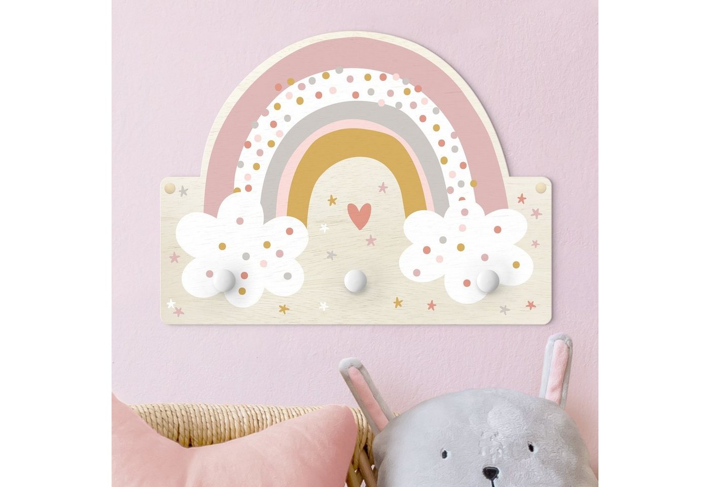 Bilderdepot24 Garderobenpaneel rosa Muster Weltall Himmel Sterne Regenbogen mit Wolken (Kindergarderobe holz Kleiderhaken für die Wand inkl. Montagematerial), moderne Wand Garderobenleiste Flur - kleine Hakenleiste Kinderzimmer Bild 2