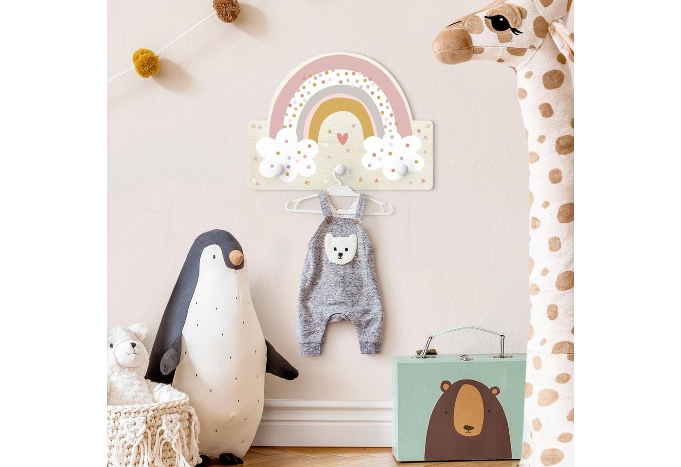 Bilderdepot24 Garderobenpaneel rosa Muster Weltall Himmel Sterne Regenbogen mit Wolken (Kindergarderobe holz Kleiderhaken für die Wand inkl. Montagematerial), moderne Wand Garderobenleiste Flur - kleine Hakenleiste Kinderzimmer Bild 3