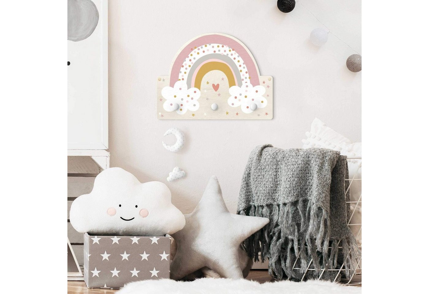 Bilderdepot24 Garderobenpaneel rosa Muster Weltall Himmel Sterne Regenbogen mit Wolken (Kindergarderobe holz Kleiderhaken für die Wand inkl. Montagematerial), moderne Wand Garderobenleiste Flur - kleine Hakenleiste Kinderzimmer Bild 4
