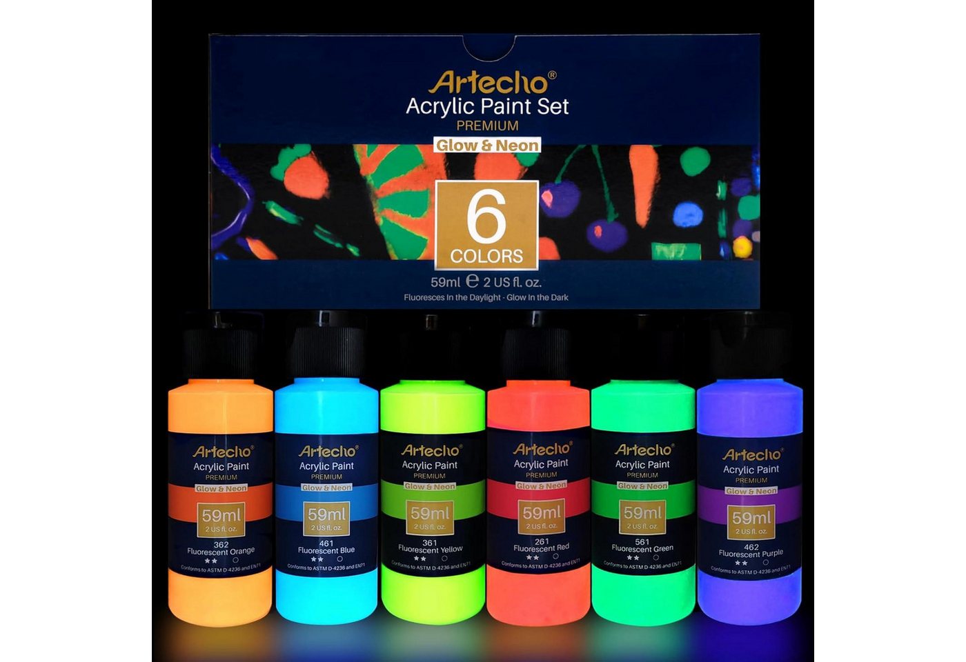 LuxusKollektion Künstlerstift Fluoreszierende Schwarzlicht Farbe Leuchtfarbe 6x59 ml Glow in The
