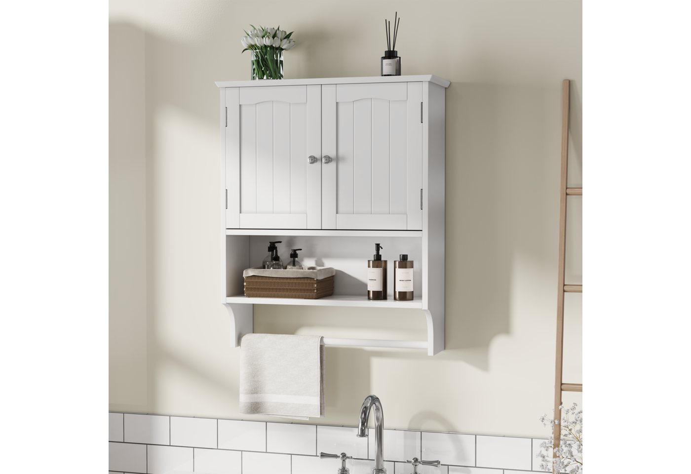 Yorbay Hängeschrank Badezimmerschrank mit Handtuchhalter (56,8×19×70 cm) Wandschrank mit Doppeltüren Bild 2