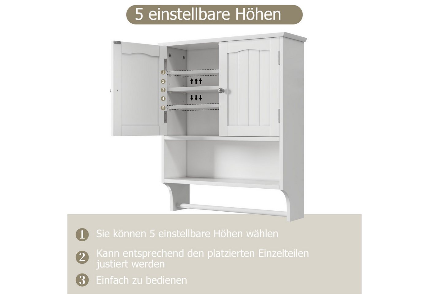 Yorbay Hängeschrank Badezimmerschrank mit Handtuchhalter (56,8×19×70 cm) Wandschrank mit Doppeltüren Bild 4