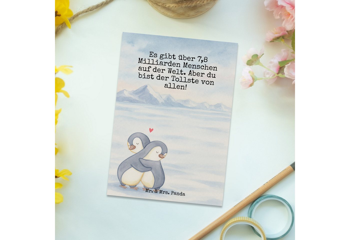 Mr. & Mrs. Panda Postkarte Pinguine Kuscheln Design, Ansichtskarte, Weiß, kunstkarte, Postkarte, Geschenk Liebe Postkarten