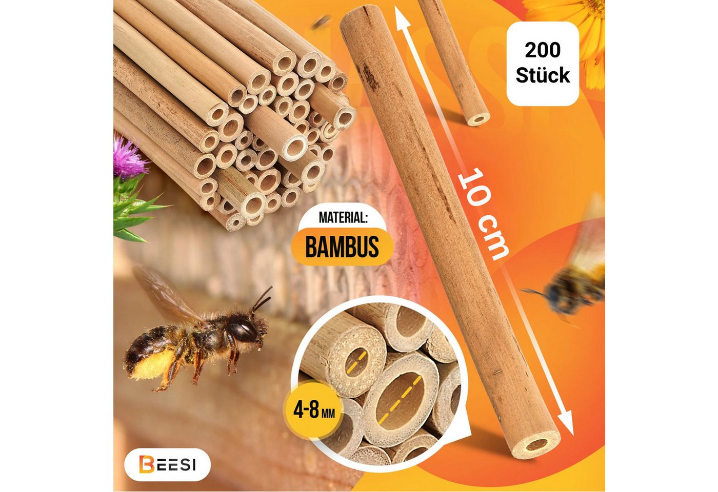 BEESI Insektenhotel Bambusröhrchen 200 Stk 10 cm – Füllmaterial, (Insektenhaus für Wildbienen, 200-St., I Wildbienenhotel Nisthülsen Bienenhotel), 10 cm Bild 3