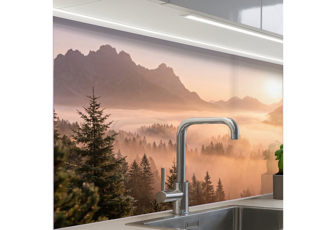 KitchenYeah Küchenrückwand Muster selbstklebend (keine Folie) Sonnenlicht - Nebel - Berge - Bäume, (1-tlg), Spritzschutz, Küche, Rückwand, Küchenwand, Küchenfront, 30x20 cm Bild 3
