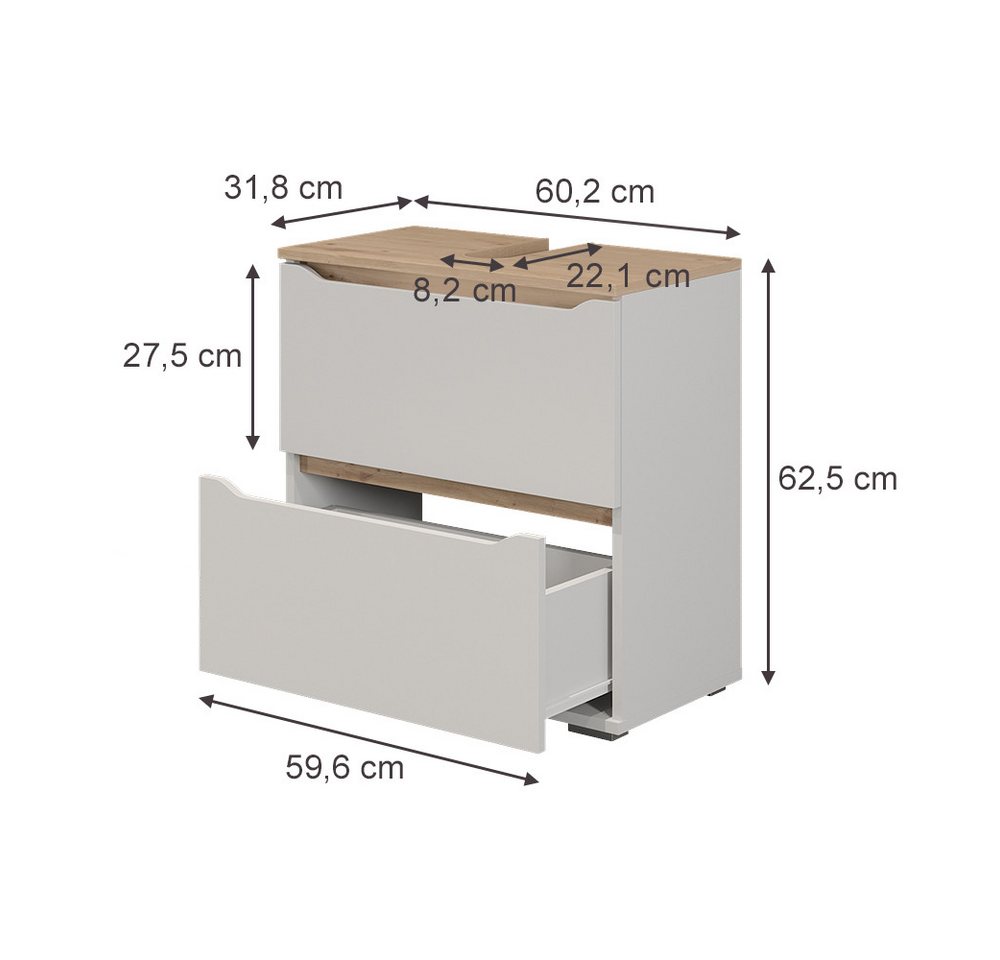 Vicco Waschbeckenunterschrank Ruben, Weiß/Artisan-Eiche, 60.2 x 62.5 cm mit 2 Schubladen Bild 2