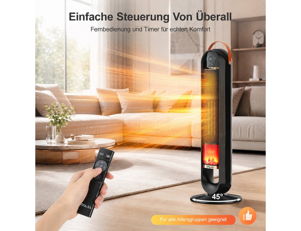oyajia Heizlüfter 2000W Flammeneffekt, Keramik PTC, Thermostat, 15H Timer, Fernbedienung, Oszillation, leise & energiesparend, Überhitzungs- & Kippschutz