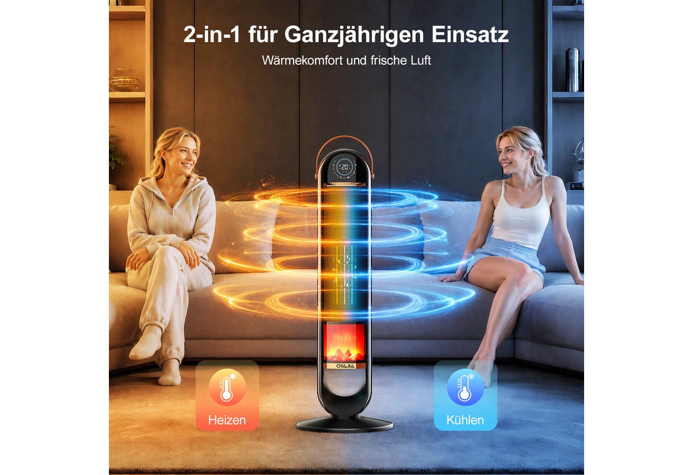 oyajia Heizlüfter 2000W Flammeneffekt, Keramik PTC, Thermostat, 15H Timer, Fernbedienung, Oszillation, leise & energiesparend, Überhitzungs- & Kippschutz Bild 2
