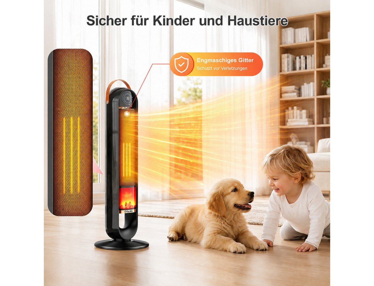 oyajia Heizlüfter 2000W Flammeneffekt, Keramik PTC, Thermostat, 15H Timer, Fernbedienung, Oszillation, leise & energiesparend, Überhitzungs- & Kippschutz Bild 4