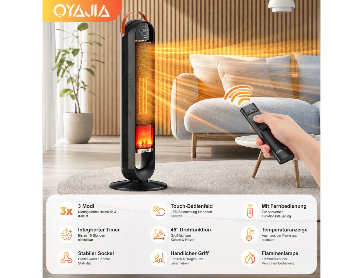 oyajia Heizlüfter 2000W Flammeneffekt, Keramik PTC, Thermostat, 15H Timer, Fernbedienung, Oszillation, leise & energiesparend, Überhitzungs- & Kippschutz Bild 5