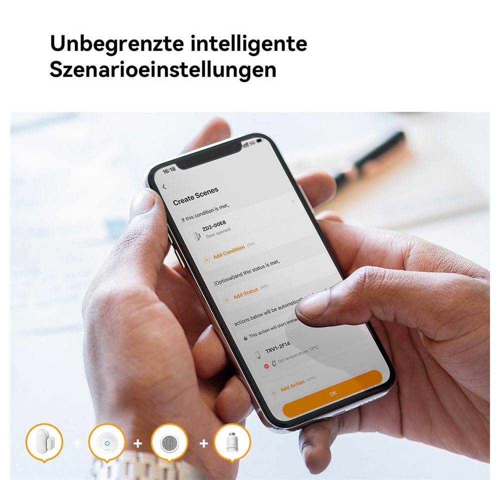 Imou Heizkörperthermostat TRV1 Smart Home mit Gateway ZG2, ZigBee 3.0, App-Steuerung, (Spar-Set, inkl. Adapter-Set) Fenstererkennung, Geofencing, Weiß