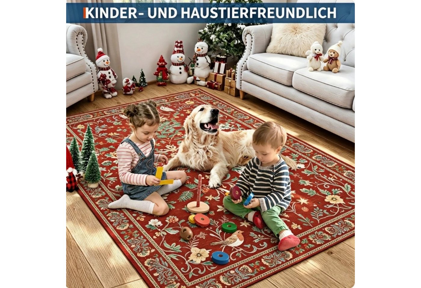 GarveeMore Teppich Weihnachtsteppich Retro mit Hirschen, Eulen und floralem Muster, Höhe: 5 mm