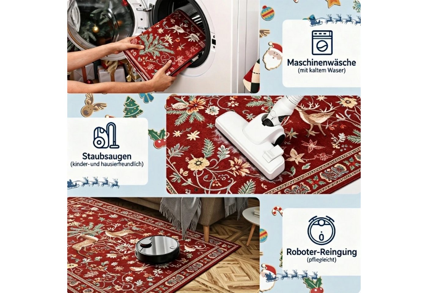 GarveeMore Teppich Weihnachtsteppich Retro mit Hirschen, Eulen und floralem Muster, Höhe: 5 mm Bild 3