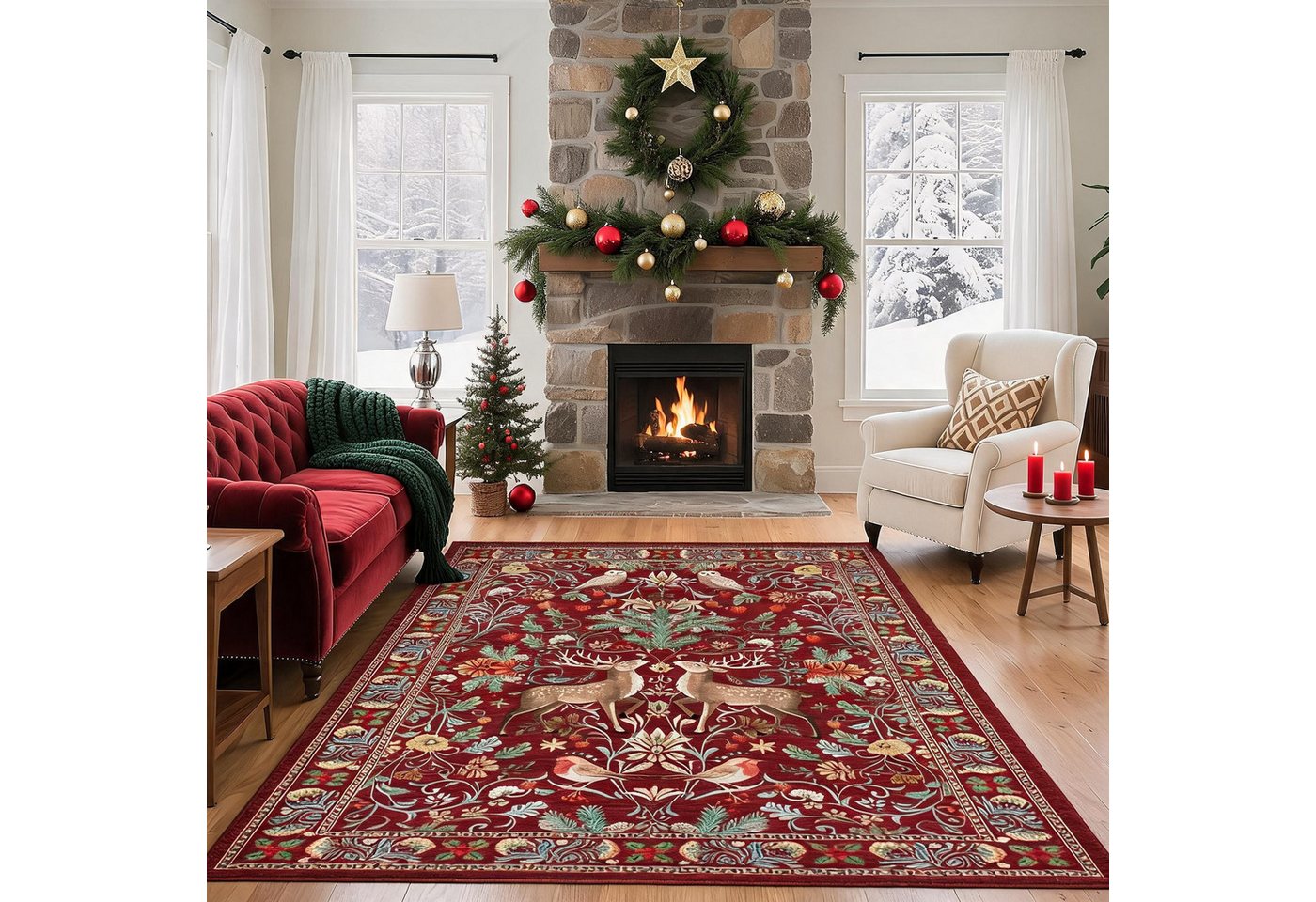 GarveeMore Teppich Weihnachtsteppich Retro mit Hirschen, Eulen und floralem Muster, Höhe: 5 mm Bild 4