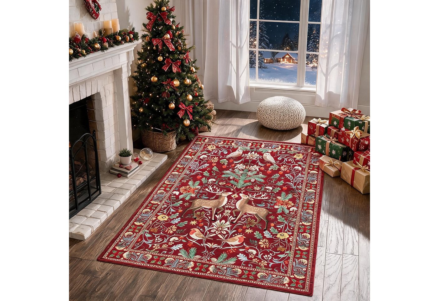 GarveeMore Teppich Weihnachtsteppich Retro mit Hirschen, Eulen und floralem Muster, Höhe: 5 mm Bild 5