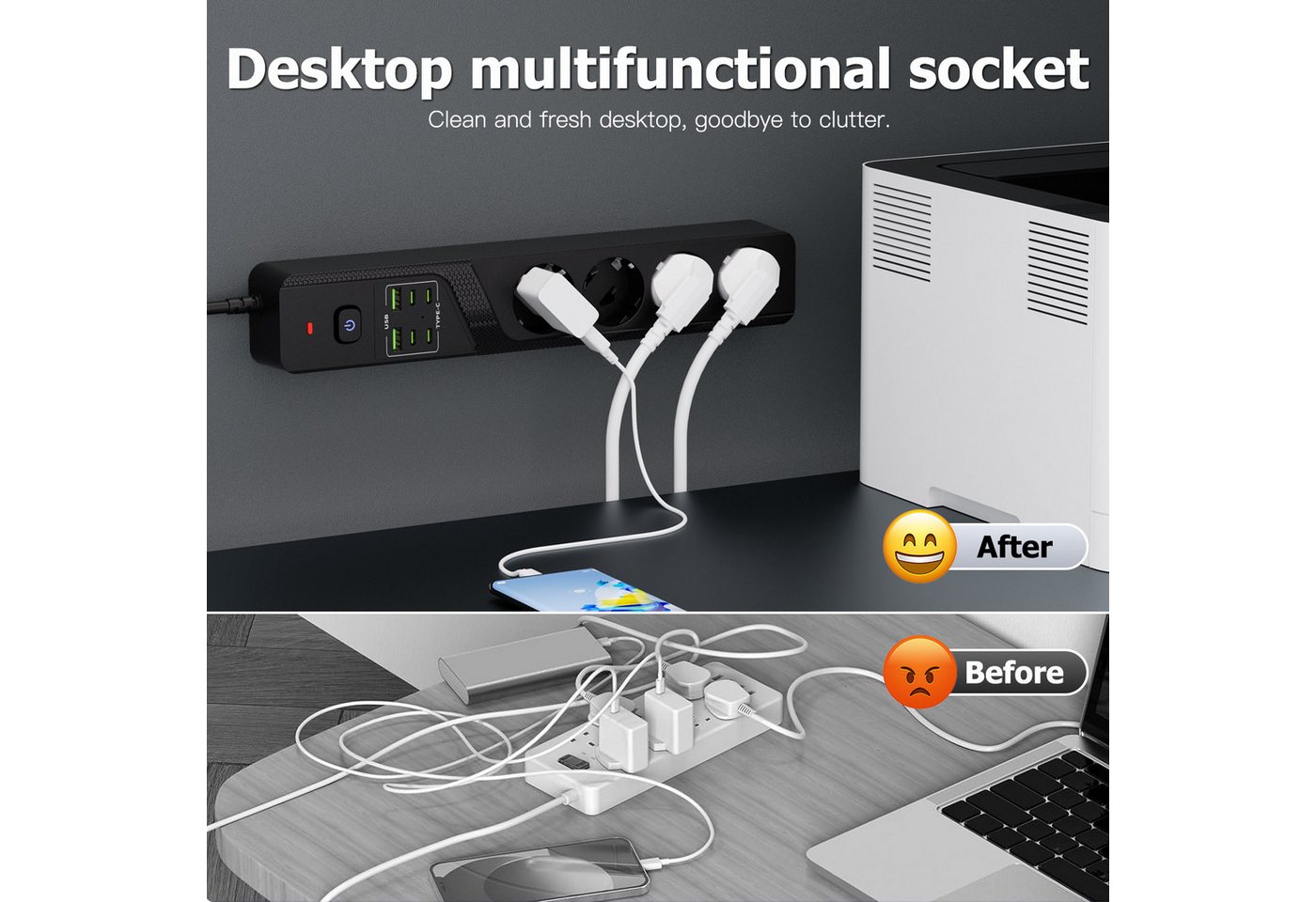 ibettertec 10-in-1 Steckdosenleiste, 4 Steckdosen + 4 USB-C + 2 USB-A Mehrfachsteckdose, Hauptschalter, 32x5,7x3,8 cm, für Büro & Zuhause
