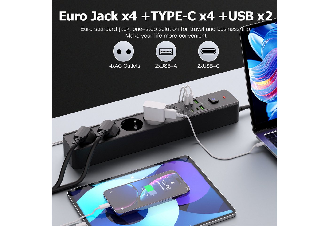 ibettertec 10-in-1 Steckdosenleiste, 4 Steckdosen + 4 USB-C + 2 USB-A Mehrfachsteckdose, Hauptschalter, 32x5,7x3,8 cm, für Büro & Zuhause Bild 2