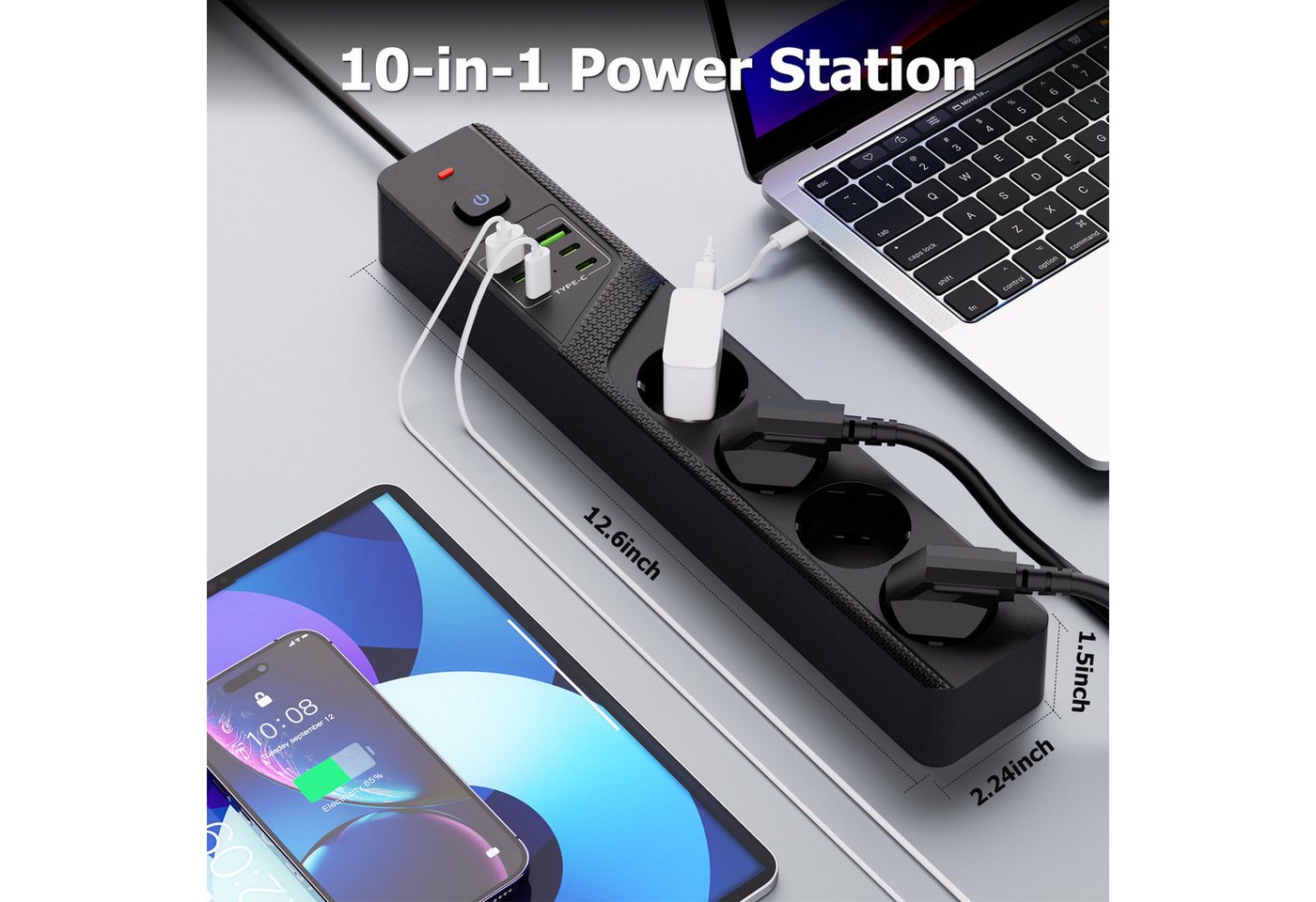 ibettertec 10-in-1 Steckdosenleiste, 4 Steckdosen + 4 USB-C + 2 USB-A Mehrfachsteckdose, Hauptschalter, 32x5,7x3,8 cm, für Büro & Zuhause Bild 4