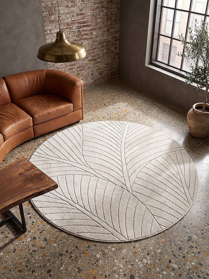 KADIMA DESIGN Outdoorteppich ENGADIN Outdoor-Teppich Blattmotiv Kurzflor Skandinavisch Balkon, Rund, Höhe: 5 mm, Creme, Ø 80 cm, 5 mm Flor, Rücken Polypropylen fibrilliertes Garn Bild 2