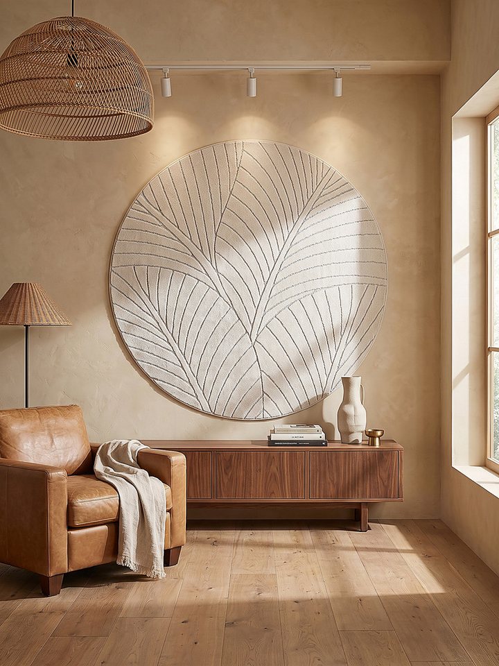 KADIMA DESIGN Outdoorteppich ENGADIN Outdoor-Teppich Blattmotiv Kurzflor Skandinavisch Balkon, Rund, Höhe: 5 mm, Creme, Ø 80 cm, 5 mm Flor, Rücken Polypropylen fibrilliertes Garn Bild 3