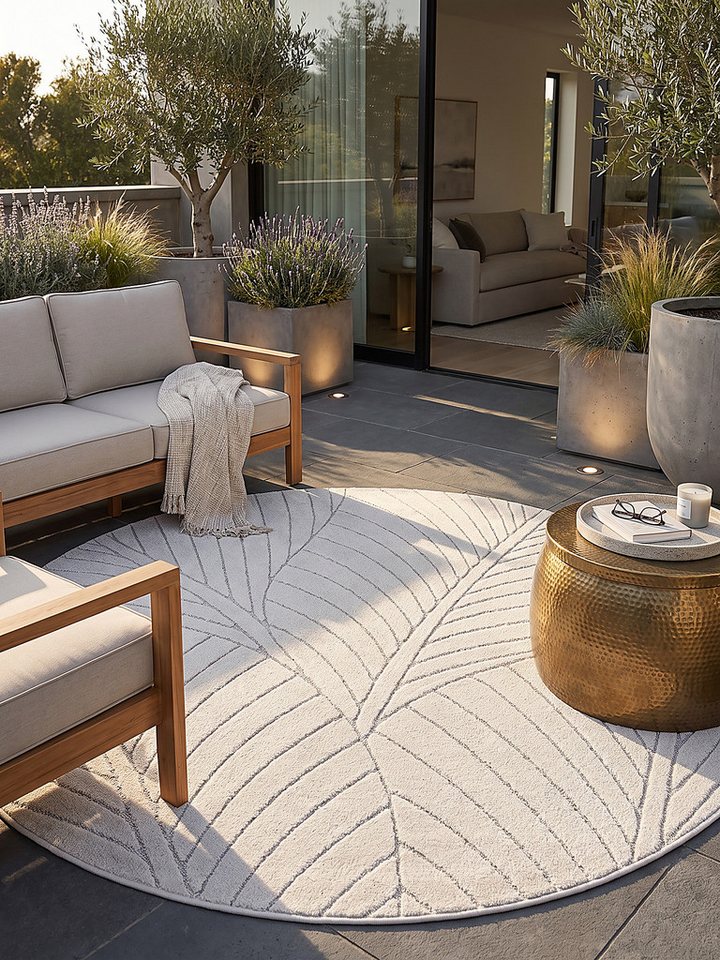 KADIMA DESIGN Outdoorteppich ENGADIN Outdoor-Teppich Blattmotiv Kurzflor Skandinavisch Balkon, Rund, Höhe: 5 mm, Creme, Ø 80 cm, 5 mm Flor, Rücken Polypropylen fibrilliertes Garn Bild 4