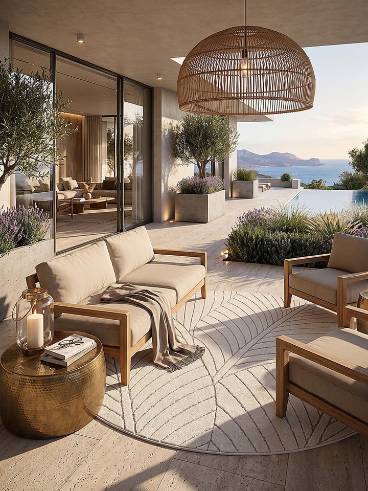 KADIMA DESIGN Outdoorteppich ENGADIN Outdoor-Teppich Blattmotiv Kurzflor Skandinavisch Balkon, Rund, Höhe: 5 mm, Creme, Ø 80 cm, 5 mm Flor, Rücken Polypropylen fibrilliertes Garn Bild 5