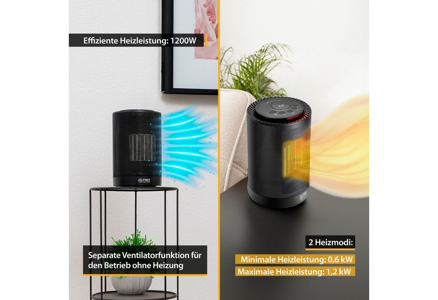 TZS FIRST AUSTRIA Heizlüfter Keramikheizlüfter, energiesparend, Heizstrahler, 1200W, leise Heizung, 40° Oszillation, Timer, Thermostat, Umkippschutz, 16-37 °C