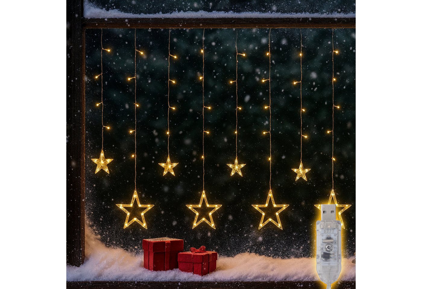 Salcar LED-Lichterkette LED Sterne 2m 160 LED Lichtervorhang Weihnachten Lichterkette Außen, 1m x 1m 69 LED Warmweiß, 8 Modi, USB Bild 4