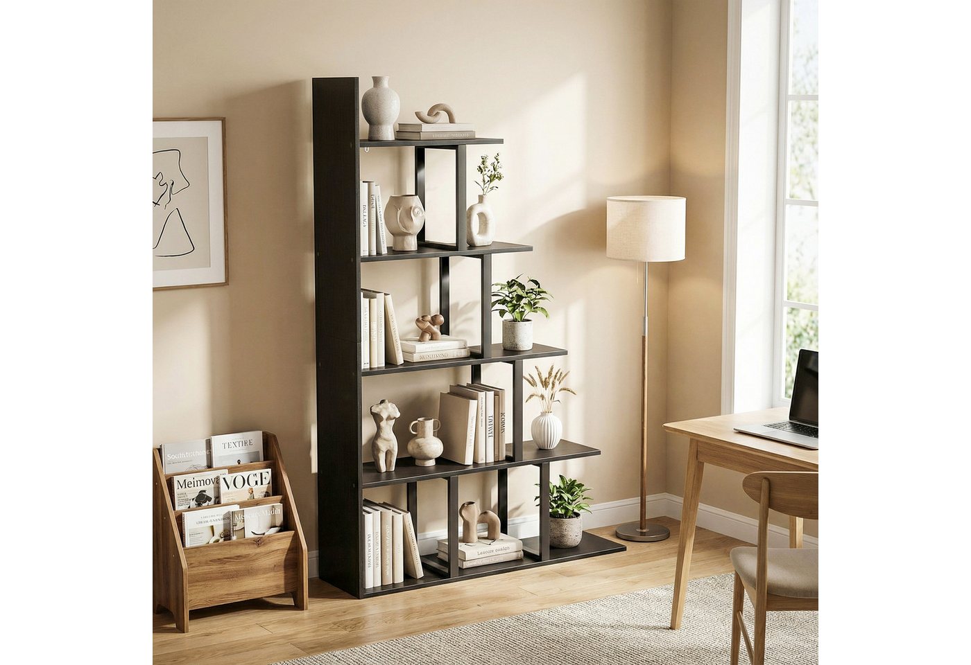 Luckice Bücherregal Offenes Bücherregal als Raumteiler, 5-stufiges Treppenregal, im Industrie-Design, Multifunktionales Standregal für Wohn- und Arbeitsbereiche, Schwarz, 102 x 30 x 160 cm