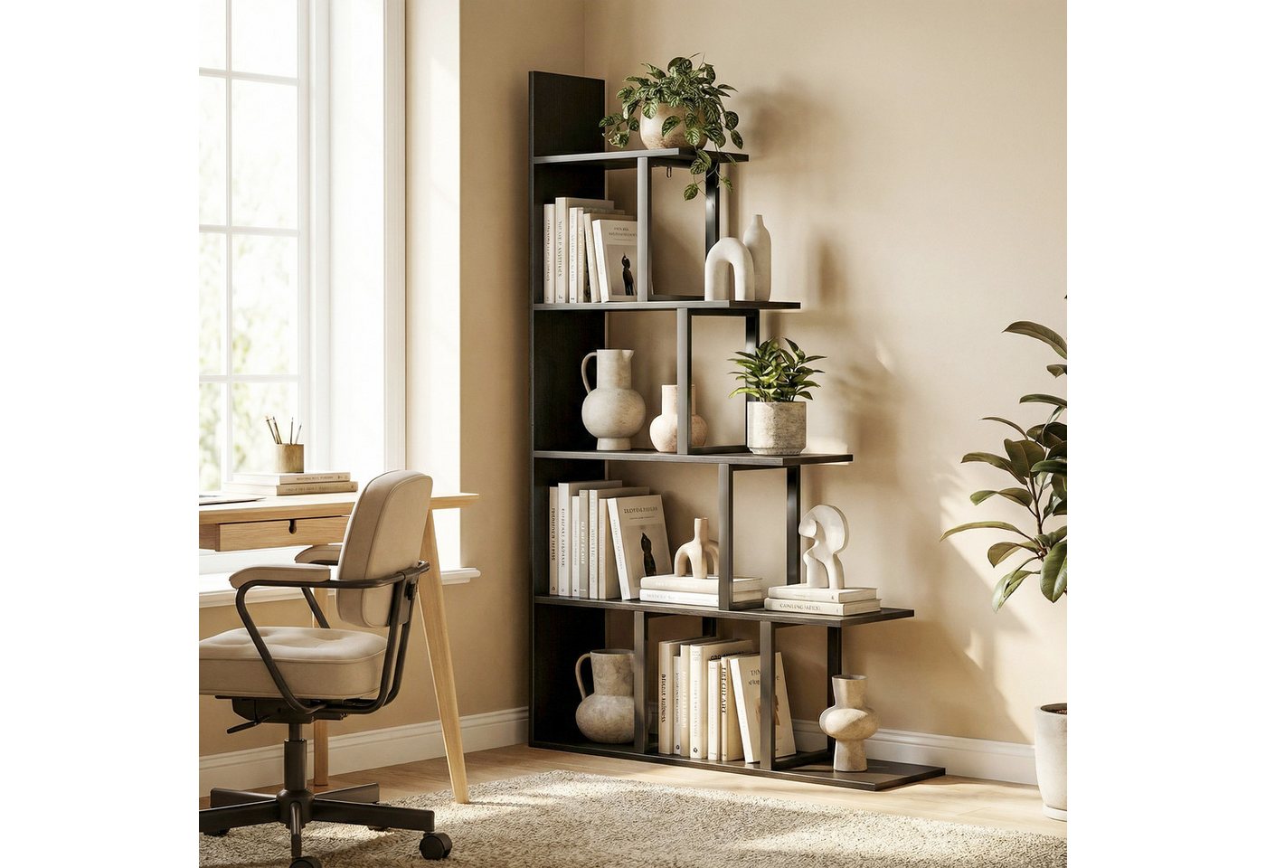 Luckice Bücherregal Offenes Bücherregal als Raumteiler, 5-stufiges Treppenregal, im Industrie-Design, Multifunktionales Standregal für Wohn- und Arbeitsbereiche, Schwarz, 102 x 30 x 160 cm Bild 2