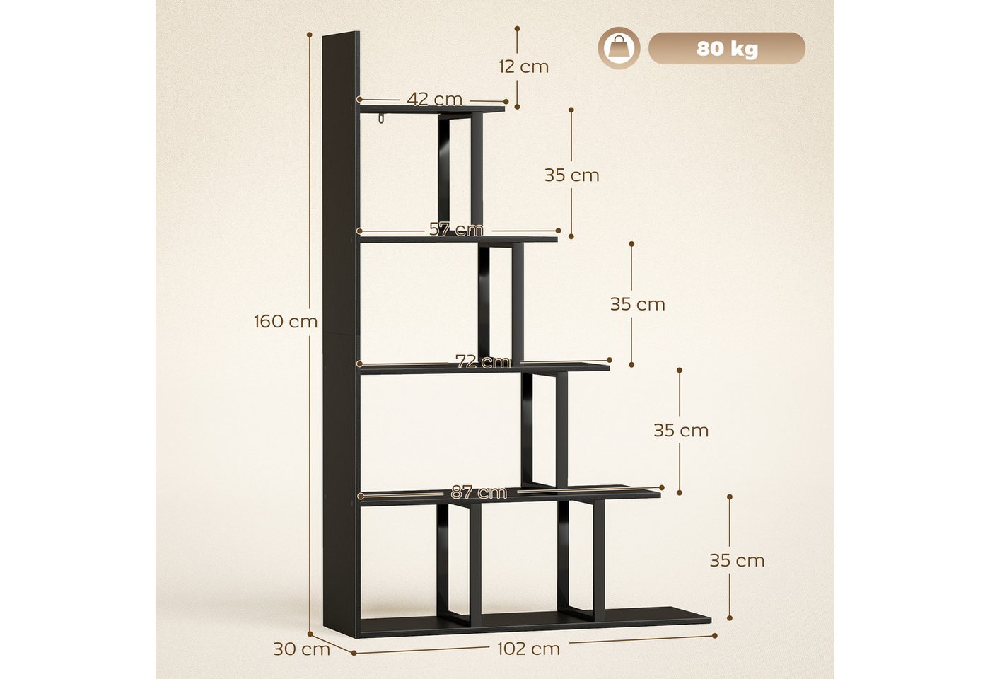 Luckice Bücherregal Offenes Bücherregal als Raumteiler, 5-stufiges Treppenregal, im Industrie-Design, Multifunktionales Standregal für Wohn- und Arbeitsbereiche, Schwarz, 102 x 30 x 160 cm Bild 3