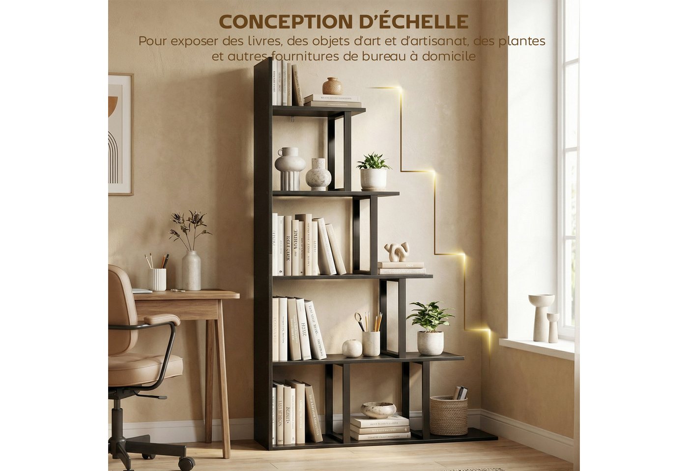 Luckice Bücherregal Offenes Bücherregal als Raumteiler, 5-stufiges Treppenregal, im Industrie-Design, Multifunktionales Standregal für Wohn- und Arbeitsbereiche, Schwarz, 102 x 30 x 160 cm Bild 4
