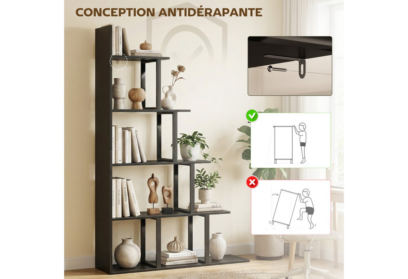 Luckice Bücherregal Offenes Bücherregal als Raumteiler, 5-stufiges Treppenregal, im Industrie-Design, Multifunktionales Standregal für Wohn- und Arbeitsbereiche, Schwarz, 102 x 30 x 160 cm Bild 5