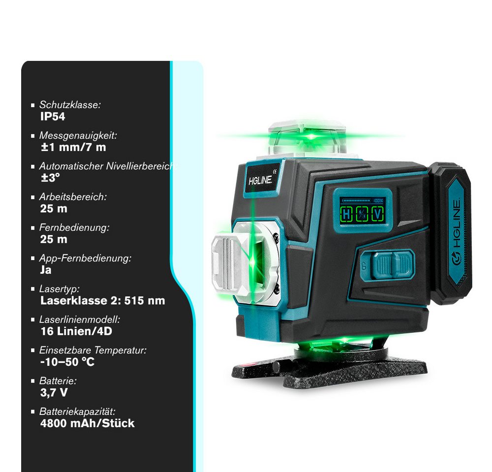 HGLINE Kreuzlinienlaser mit Stativ, 2 x 4,8Ah Akkus und Fernbedienung, 16-Linien, Blau, (1 St), Laser Baustellen Kreuzlinienlaser Rotationslaser Bild 3