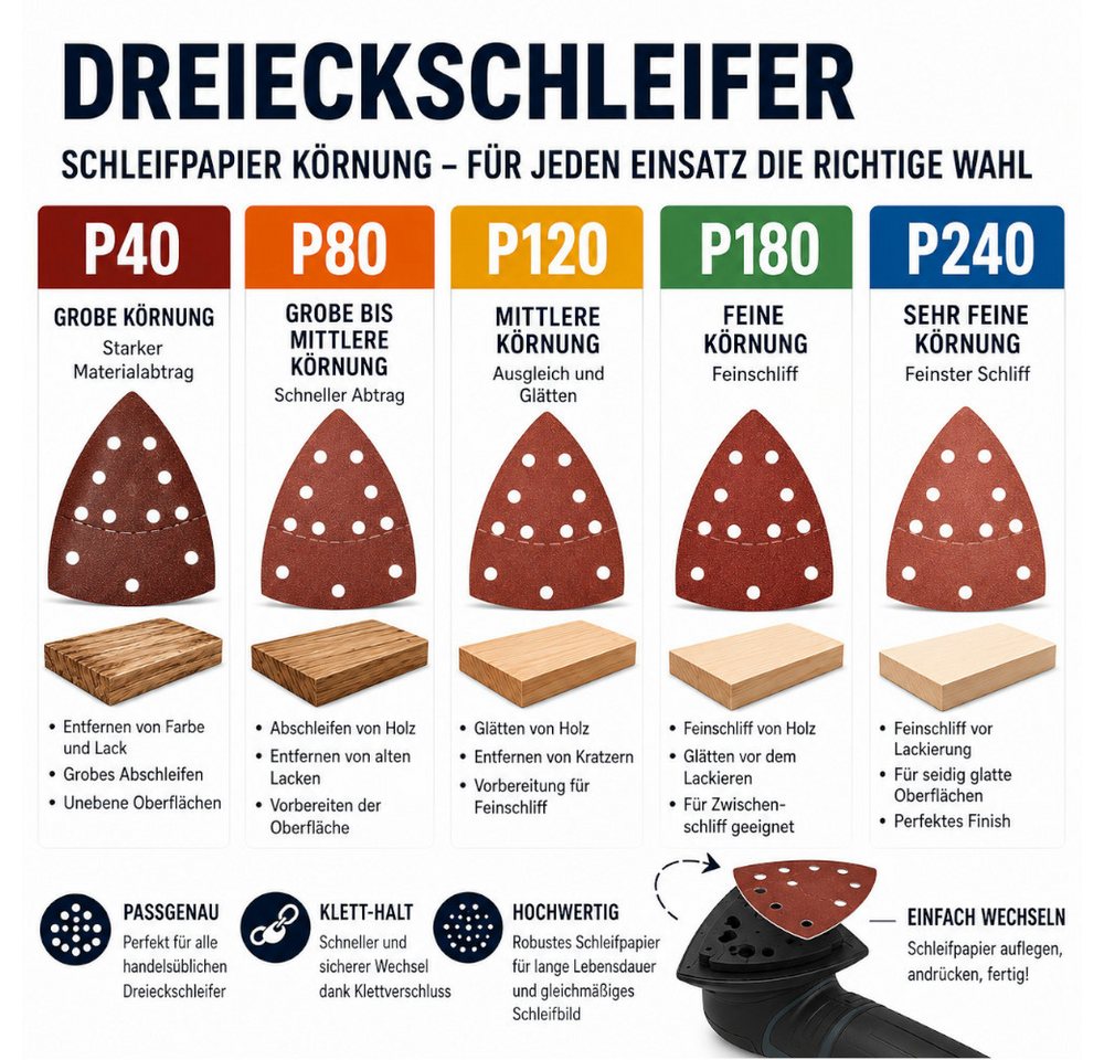 Trade-Shop Schleifaufsatz 50x Schleifpapier passend für Parkside PDS-Serie PDS 290 A1 B2 C3, 50-St., Körnung: 10x P40, P80, P120, P180, P240 - Maße: 150x105mm / 93x93x93mm