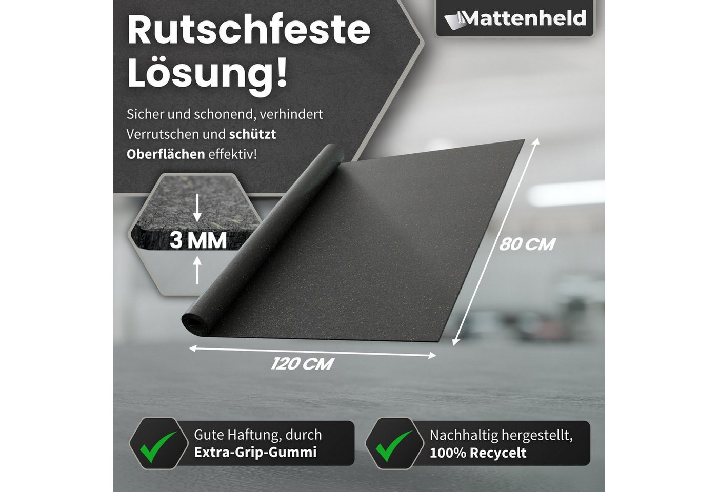 Mattenheld® Antirutschmatte Gummimatte 120x80 cm Ladungssicherung 3 mm, Kofferraummatte Bautenschutzmatte, 2-St., 1er bis 4er Set, Gummigranulat, VDI 2700 Bild 2