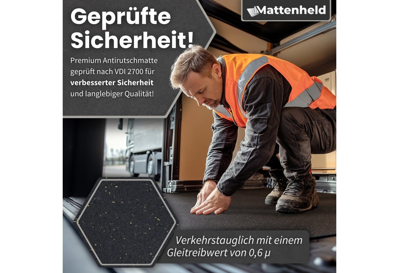 Mattenheld® Antirutschmatte Gummimatte 120x80 cm Ladungssicherung 3 mm, Kofferraummatte Bautenschutzmatte, 2-St., 1er bis 4er Set, Gummigranulat, VDI 2700 Bild 5